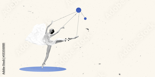 Fototapeta Naklejka Na Ścianę i Meble -  Contemporary art collage. Lightness. Young girl, ballerina dancing on beige background