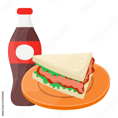Beef and Bacon Club Sandwich with soda concept, bologna sandwich vector icon design, Fast Food symbol, Junk food sign, popular inexpensive good taste snacks stock illustration 
