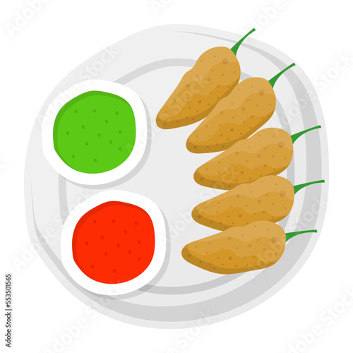 Peri peri bites concept, green chillies filled with minced chicken vector icon design, Fast Food symbol, Junk food sign, popular inexpensive good taste snacks stock illustration 
