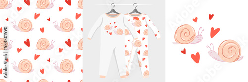 Seamless pattern and illustration for kid with two snails in love. Cute design pajamas on hanger. Baby background for clothes, birthday decor, fashion t-shirt print, invitation card, wrapping