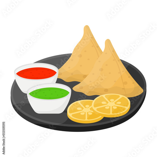Vegetables Samosa with 2 types sauces concept, sambusaj vector icon design, Fast Food symbol, Junk food sign, popular inexpensive good taste snacks stock illustration 