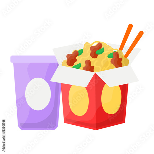 chow mein with can concept, guksu or myeon pocket with sticks vector icon design, Fast Food symbol, Junk food sign, popular inexpensive good taste snacks stock illustration 