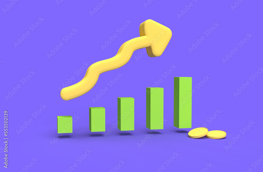 3D Realistic GROWTH STOCK CHART UP WITH COINS INVESTING ICON. Trading stock news impulses.
3D Realistic GROWTH STOCK CHART UP WITH COINS INVESTING ICON. Trading stock news impulses.