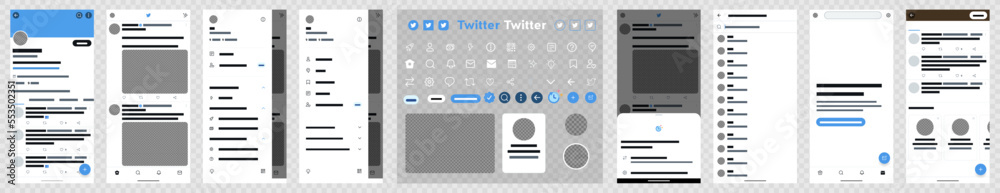 Set Twitter screen social media and social network interface template. Twitter mockup. Editorial vector. Set Twitter screen social media and social network interface template. Twitter mockup. Editorial vector.