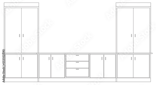 2D graphic image of the front view of a wardrobe or cupboard made of wood. CAD drawing in black and white.
