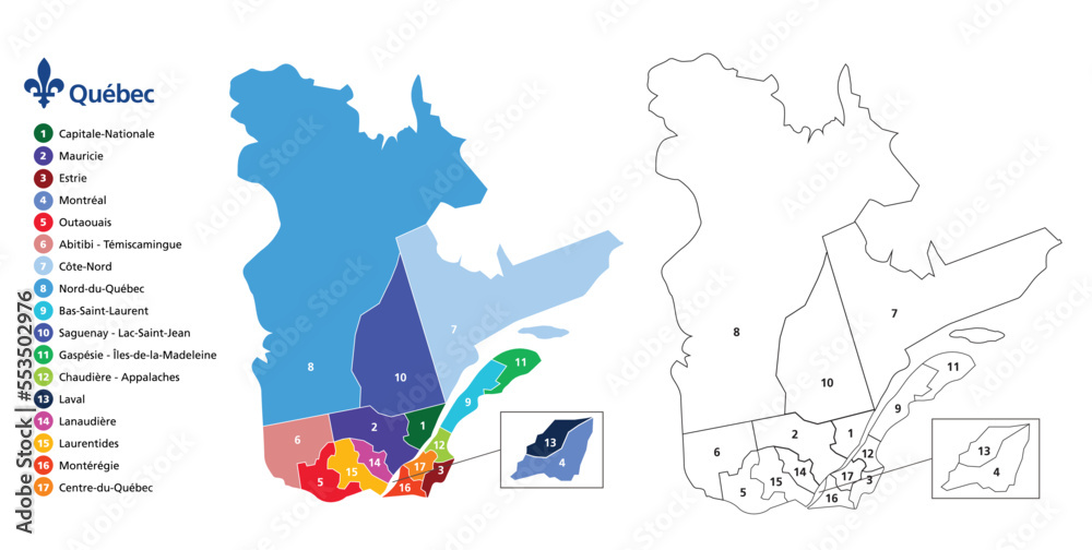 Fototapeta premium Province of Quebec map with counties borders administrative area color and outline