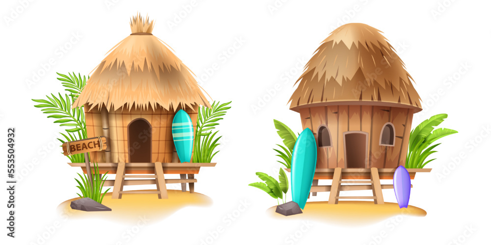 Beach shack house, vector bamboo hut, Hawaiian surfing bungalow, surfboard,  tropical plants, sand. Summer cartoon island building, straw roof, exotic  vacation camping. Beach shack seashore clipart Stock Vector | Adobe Stock