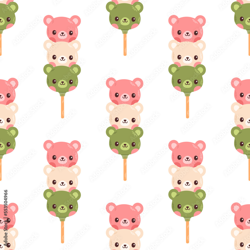 Fototapeta premium Dango seamless pattern Japanese traditional dessert isolated on white. Hanami Dango dessert vector 