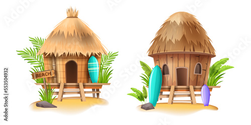 Beach shack house, vector bamboo hut, Hawaiian surfing bungalow, surfboard, tropical plants, sand. Summer cartoon island building, straw roof, exotic vacation camping. Beach shack seashore clipart