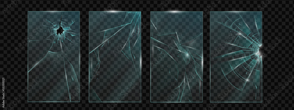 Cracked glass, vector scratched phone screen, smartphone broken pane shattered texture effect. Protector concept, realistic transparent crushed plexiglass design. Cracked glass, frame set hole, splits