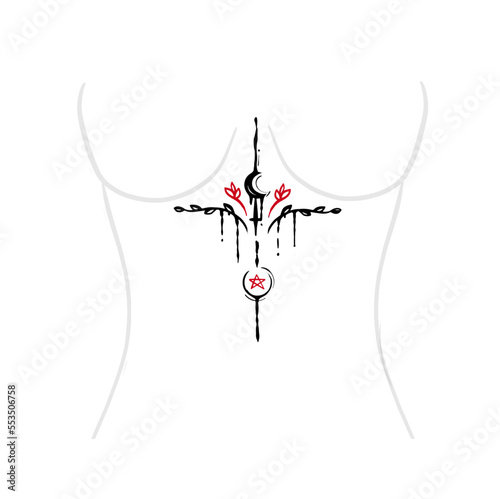 underboob tattoo sketch of symbolism as lilith and pentagram Vector