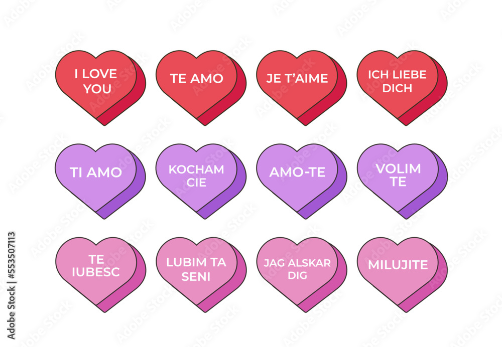 Vector hearts I love you in different languages ​​of the world te amo, ti amo, je taime, ich liebe dich 