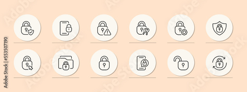 Lock for personal data icon set. Unlock, cursor, security system, gear, shield, password, warning sign, key, sync, phone. Privacy concept. Pastel color background. Vector line icon for business