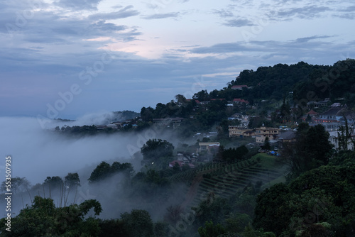 View From Top of Doi Mae Salong with Sea of Mist at Sunset