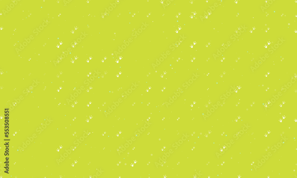 Seamless background pattern of evenly spaced white frog tracks symbols of different sizes and opacity. Vector illustration on lime background with stars