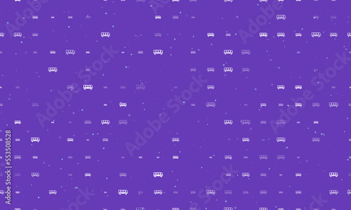 Seamless background pattern of evenly spaced white bus symbols of different sizes and opacity. Vector illustration on deep purple background with stars