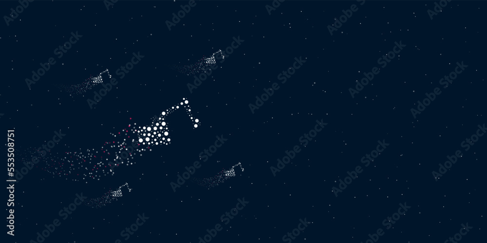 A excavator symbol filled with dots flies through the stars leaving a trail behind. Four small symbols around. Empty space for text on the right. Vector illustration on dark blue background with stars A excavator symbol filled with dots flies through the stars leaving a trail behind. Four small symbols around. Empty space for text on the right. Vector illustration on dark blue background with stars