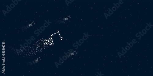 A excavator symbol filled with dots flies through the stars leaving a trail behind. Four small symbols around. Empty space for text on the right. Vector illustration on dark blue background with stars
