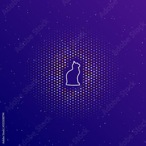 A large white contour cat symbol in the center, surrounded by small dots. Dots of different colors in the shape of a ball. Vector illustration on dark blue gradient background with stars