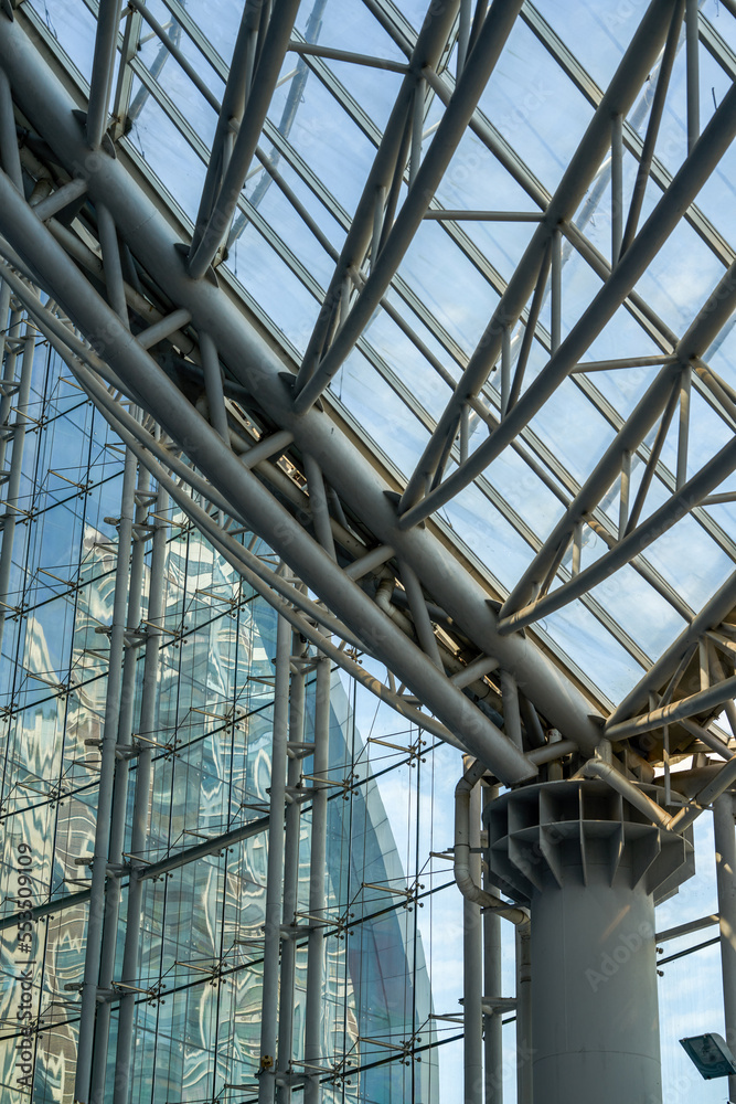 Close-up of a steel structure dome in a modern building interior
