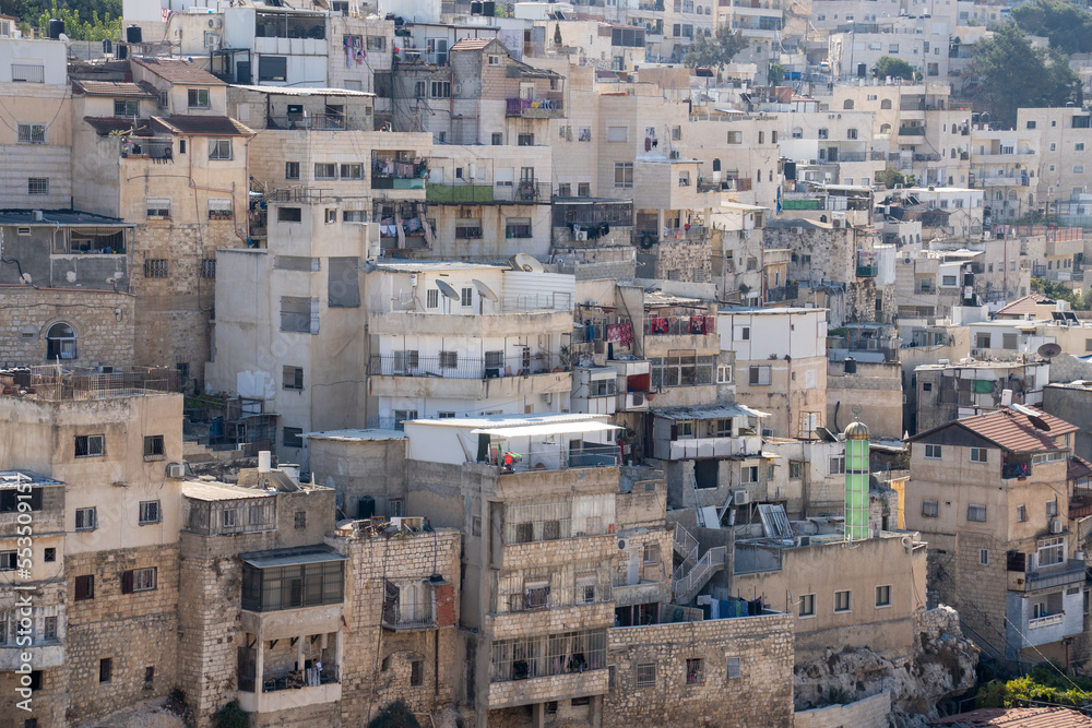 Jerusalem, Israel - 12.10.2022: Low quality housing in an Arab neighborhood of Jerusalem
