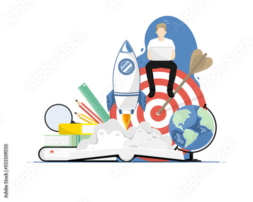 Education online concept, Human typing laptop with open book, Digital marketing illustration.