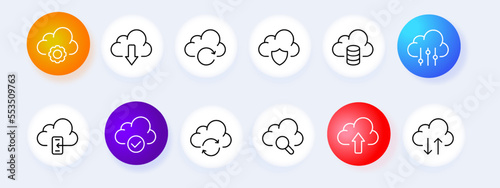 Cloud saving icon set. Rain, thunderstorm, sky, clouds, sun, thunder, hail, lightning, overcast, forecast, weather, cloudiness. Weather concept. Neomorphism style. Vector line icon for Business