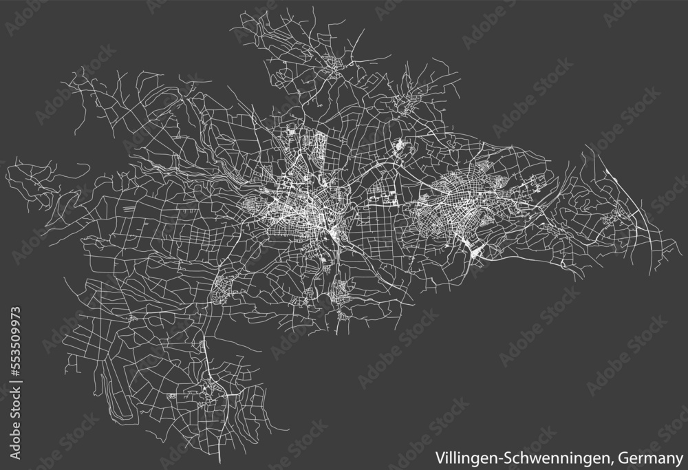 Detailed negative navigation white lines urban street roads map of the German town of VILLINGEN-SCHWENNINGEN, GERMANY on dark gray background