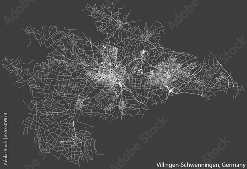 Detailed negative navigation white lines urban street roads map of the German town of VILLINGEN-SCHWENNINGEN, GERMANY on dark gray background