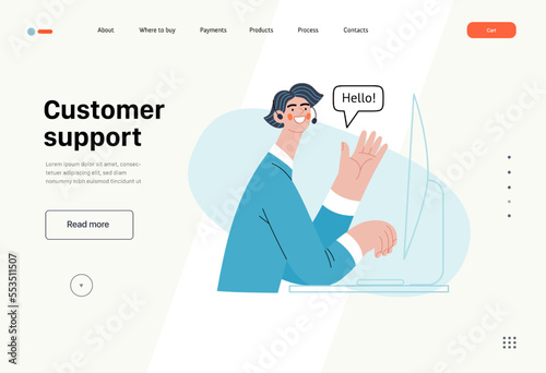 Customer support - Online shopping and electronic commerce series - modern flat vector concept illustration of a male operator greeting a client. Promotion, discounts, sale and online orders concept