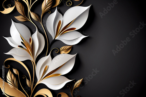 abstract black and gold and white floral pattern background, generative ai