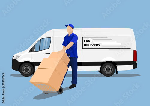The courier is pushing a cart with cardboard boxes. The courier is standing in front of the delivery van. 