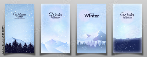 Vector illustration. Winter season set. Snowfall, blizzard. Design for poster, brochure, banner, touristic or business card. 