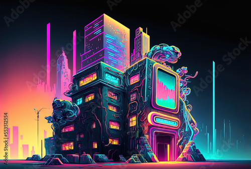 Future digital technology idea in the metaverse with neon lit building pieces on an abstract multicolored background. Generative AI