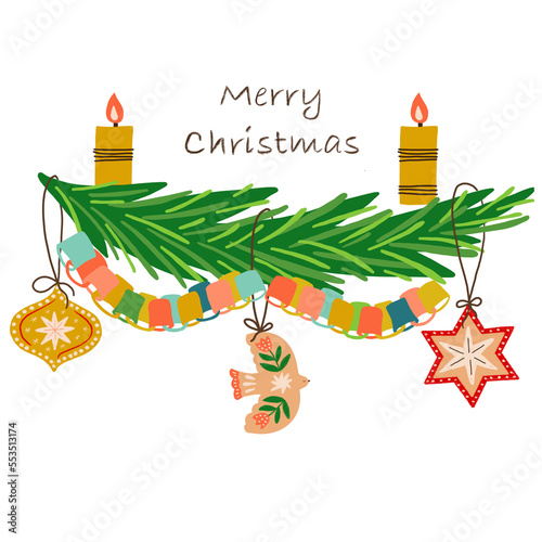 Christmas garland, folk Christmas toys, candles, paper chain, green fir branch decorative element on transparent background. Hand drawing Merry Christmas decor in PNG photo