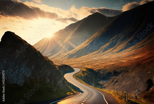 Stunning photograph of a mountain road in the sunshine. Generative AI