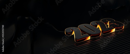 3D number 2023 concept of the happy new year, 3D rendering 2023 for the background gift card on an abstract black color with copy space or put Christmas word