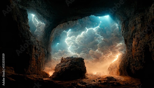 Dramatic ancient cave with smoke and lo light atmospher