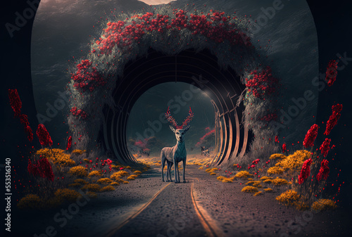 Neural network generated imagery of nightmare inducing animals coming in another scene via a portal arch with red flowers and a road. Generative AI photo