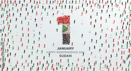 Happy Independence Day Sudan. A large group of people form to create the number 1 as Sudan celebrates its Independence Day on the 1st of January. Vector illustration.