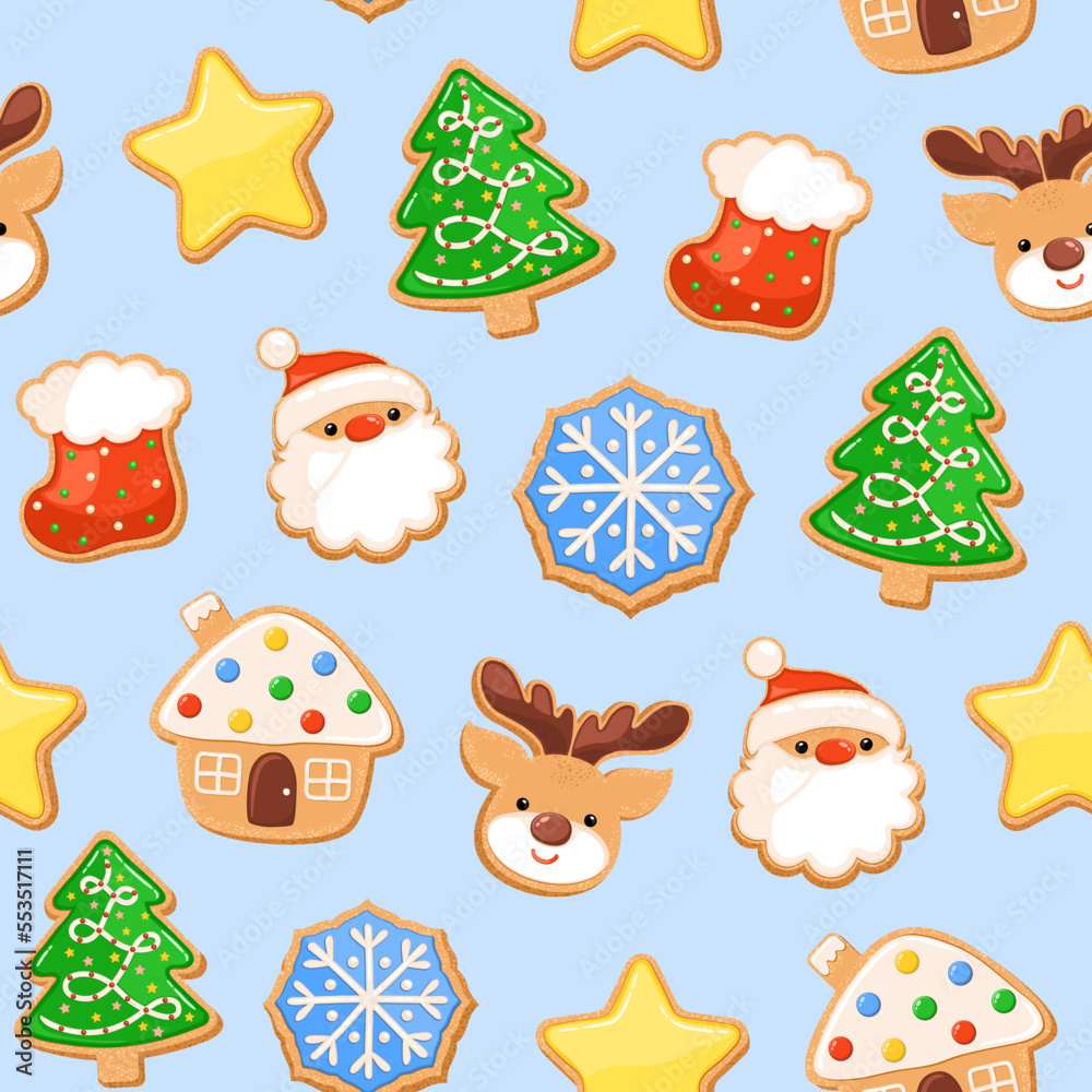 Sugar cookie Christmas seamless pattern. Gingerbread cookies repeat design. Biscuit shape of ginger bread house, santa and deer faces, snowflake, star, Christmas tree, red sock. Cute winter print. Sugar cookie Christmas seamless pattern. Gingerbread cookies repeat design. Biscuit shape of ginger bread house, santa and deer faces, snowflake, star, Christmas tree, red sock. Cute winter print.
