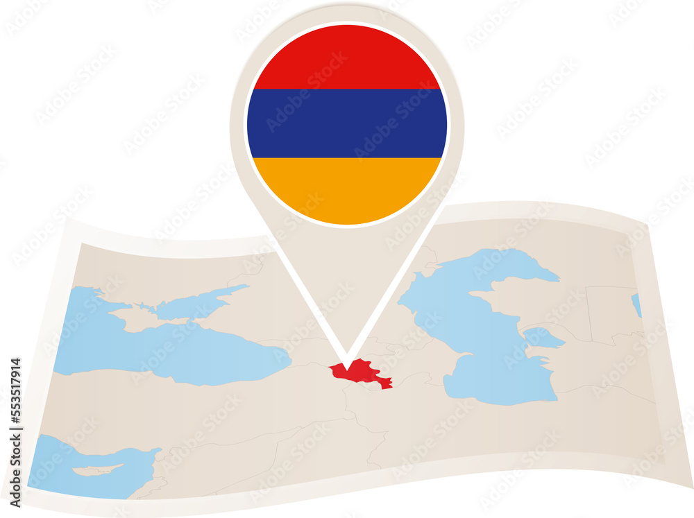 Folded paper map of Armenia with flag pin of Armenia. Stock ...