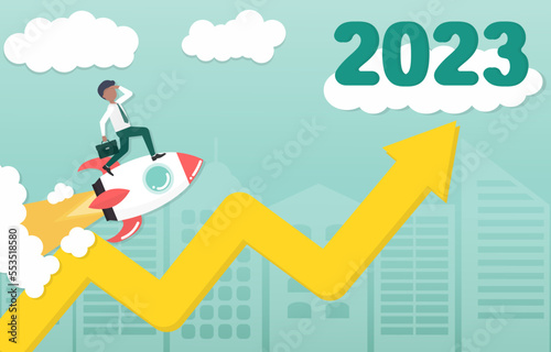 Business idea. Businessman standing on rocket following arrow to 2023. New year 2023. Keep going, Hopes, Goals, Overcome obstacles and problems. Vector illustration eps10.