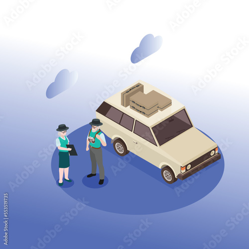 senior age travelers with vintage old car with luggage on top isometric 3d vector illustration concept for banner, website, illustration, landing page, flyer, etc.