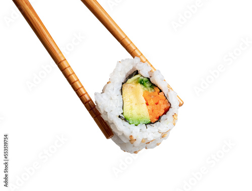 chopsticks holding a piece of sushi California