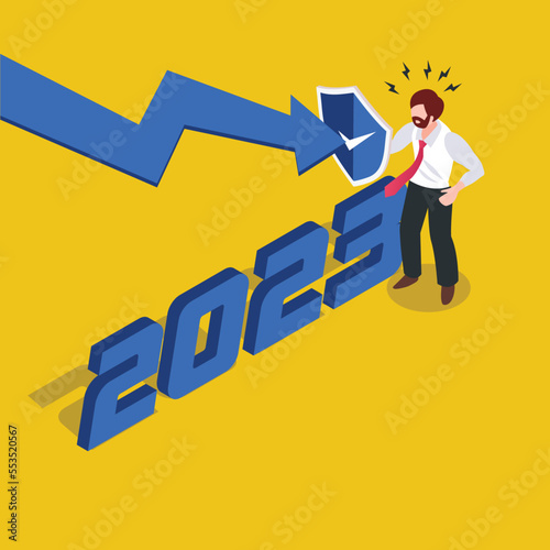 Protection and prevention from economic recession in 2023 isometric 3d vector illustration concept for banner, website, illustration, landing page, flyer, etc.