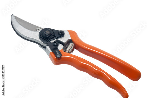 The bypass pruner for pruning branches with red handles isolated on white background