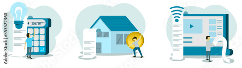  Cost of living payment illustration set. Characters calculating utility bills and worrying about costs increase. Internet, Energy and utilities consumption at home concept. Vector illustration