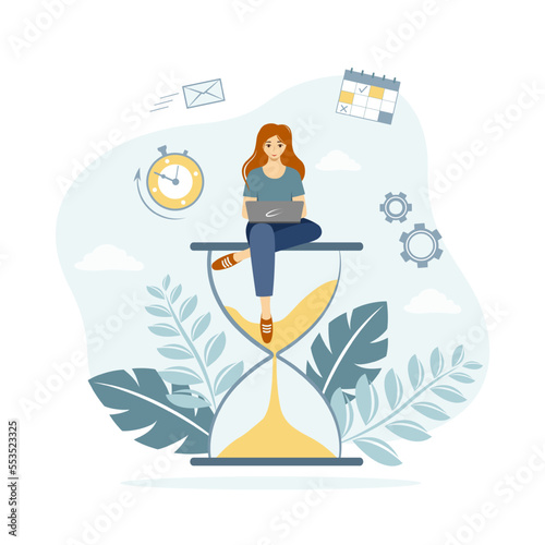 Time management vector illustration. The girl sitting on the hourglass controls the time of work and tasks. The concept of time management, multitasking, successful organization of tasks and meetings.