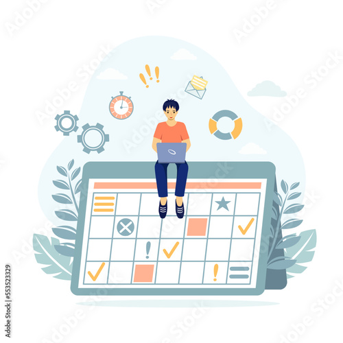 
Time management vector illustration. The guy sitting on the planner controls the time of work and tasks. The concept of time management, multitasking, successful organization of tasks and meetings.
